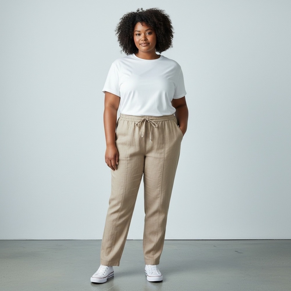 Calvin Klein Tapered Pants Women Size 10 Tan Linen Blend Drawstring Waist